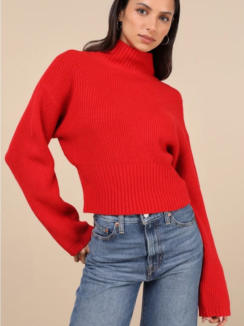 NWT Lulus Snuggly Days Cropped Mock Neck Sweater | Red | XL